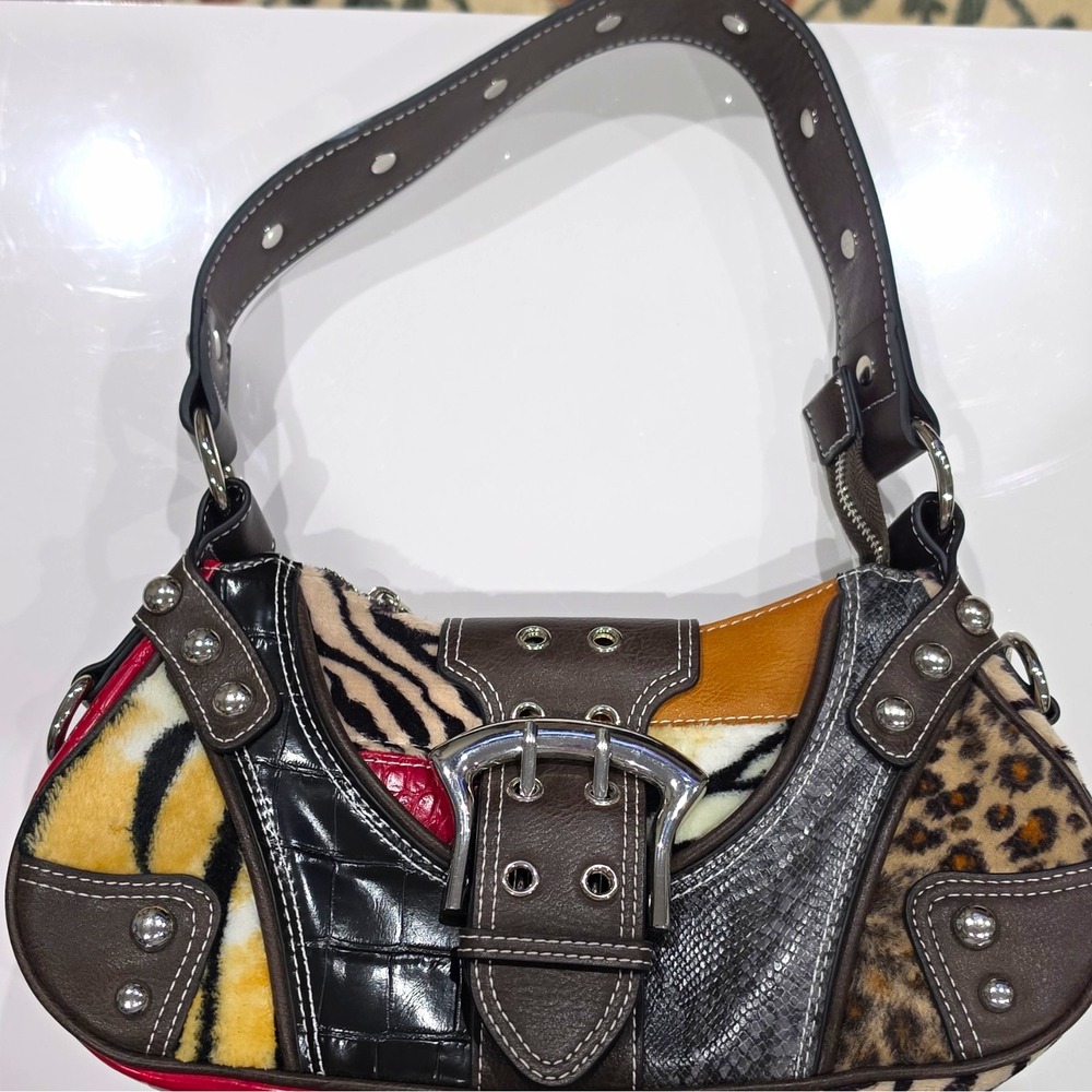Dolls kill Womens Multicolor Animal Print Faux Leather Shoulder Bag Buckle Zip